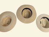 three hats are lined up in a row on a white surface