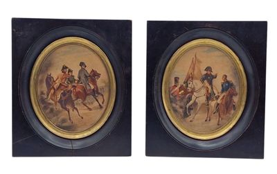 deux tableaux encadrés représentant des hommes à cheval dans un champ