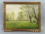 un tableau représentant un champ avec des arbres et de l'herbe, dans un cadre doré