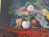 painting of a still life of fruit on a red table cloth