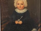 an old painting of a child in a blue dress sitting on a rug with a white dog