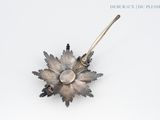 a silver spoon with a flower on it on a white surface