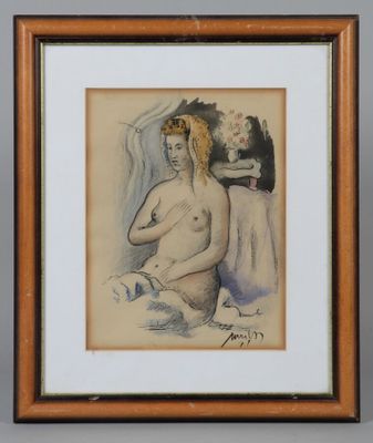 an image of a drawing of a nude woman sitting on a bed