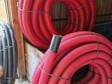 a dog standing next to a pile of red hoses
