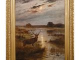 un tableau représentant un cerf debout dans un champ près d'un plan d'eau