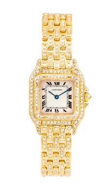 une montre Cartier pour femme, sertie de diamants, avec un bracelet en or