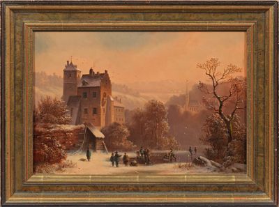 un tableau représentant un paysage hivernal avec un château en arrière-plan