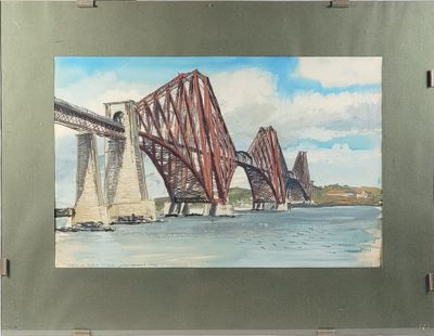 a painting of a bridge going over a body of water