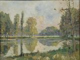l'image d'une peinture représentant une rivière avec des arbres en arrière-plan