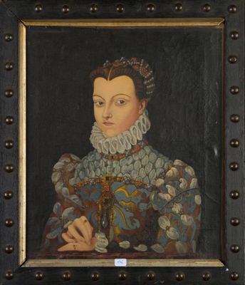 un tableau représentant une femme en robe bleue, avec des perles autour du cou