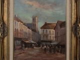 une peinture à l'huile représentant une scène de rue avec une église à l'arrière-plan