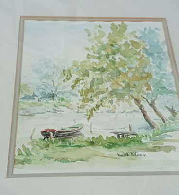 Michèle DELAUNAY "Barque sur l'Eure", aquarelle signée en ba…