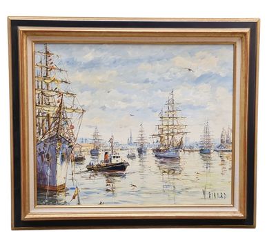 an oil painting of a harbor scene with ships in the water