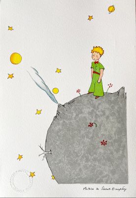 a drawing of a little boy standing on top of a rock