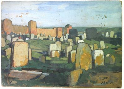 an oil painting of a cemetery in a green field with a sky background