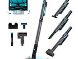 a blue and black cordless vacuum cleaner with accessories on a white background
