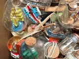 a box full of glass bottles and other items in it