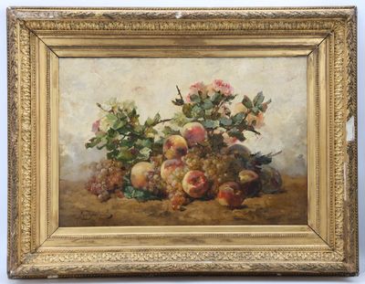 painting of a still life of fruit and flowers in a gold frame