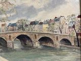 une peinture représentant un pont au-dessus d'une rivière avec des bâtiments à l'arrière-plan