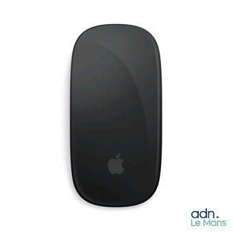 an apple mouse sitting on top of a white surface next to an adn logo