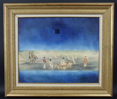 un tableau représentant un groupe de personnes dans un bateau sur un plan d'eau