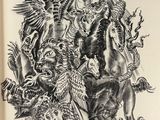 an image of a book with a drawing of a man on a horse surrounded by other animals
