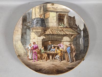 a plate with a picture of a group of people outside