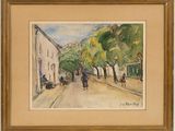 an image of a painting of people walking down a street
