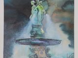 painting of a water fountain with a statue on top of it