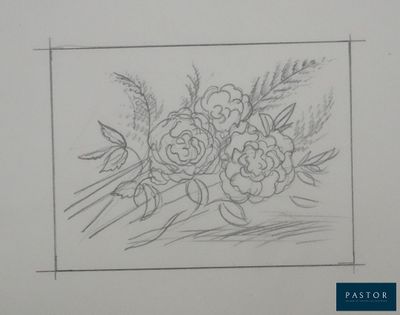 un dessin représentant un bouquet de fleurs dans un vase posé sur une table