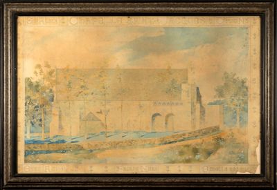an old painting of a church on a hill with a river in the foreground