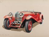peinture représentant une vieille voiture rouge sur fond beige