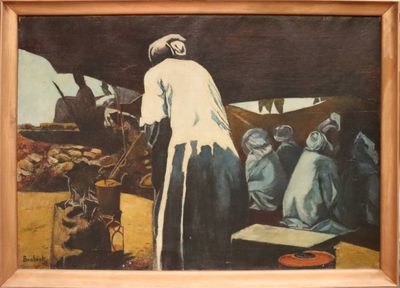une peinture à l'huile représentant un homme debout devant un groupe de personnes