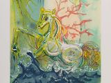 an image of a painting of a man riding a horse in the ocean