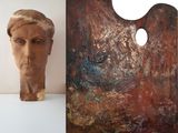 an image of a sculpture of a man ' s head next to a painting