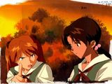 Deux héroïnes d'anime se regardent fixement devant un coucher de soleil