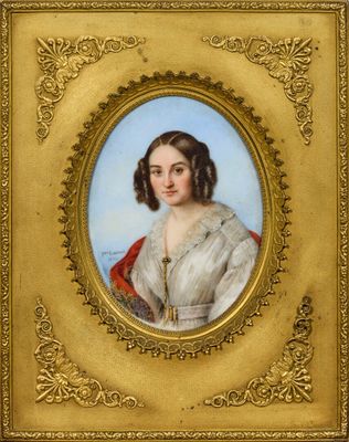 portrait d'une dame en robe blanche avec un châle rouge
