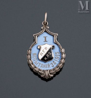 a close up of a silver and blue badge on a black surface