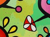peinture représentant des fleurs colorées sur un fond vert, dans des tons de rouge, jaune, bleu et vert