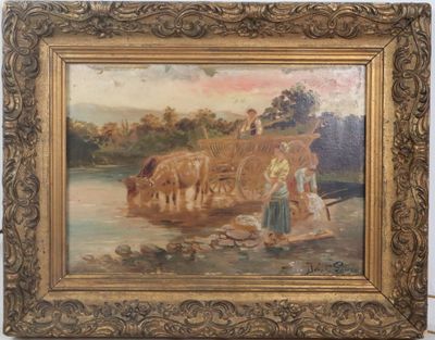 an oil painting of a man and a woman working on a farm