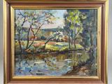 an oil painting of a landscape with a river and trees