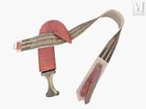 a picture of a knife with a red handle on a white background