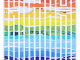 an abstract painting of a rainbow and blue sky with a white frame