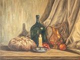 a painting of a still life with bread, a bottle and a candle