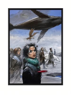 tableau représentant une femme tenant un couteau devant une foule de personnes