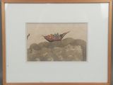 tableau représentant un homme et une femme dans un bateau sur une côte rocheuse