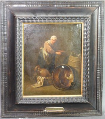 un vieux tableau représentant une femme assise sur une chaise avec un chien