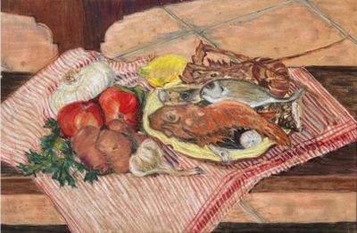 une peinture représentant une assiette de nourriture posée sur une table