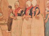 a picture of a painting of a group of women standing in front of a boat
