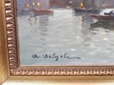 a painting of a boat in the water with a bridge in the background